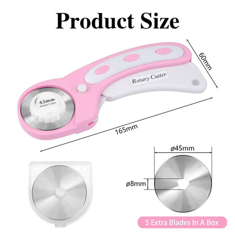 Versatile 45mm Rotary Cutter For Fabric With Five Extra Blades, Ergonomic Roller Cutter Design shown with dimensions and spare blades