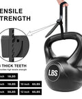 Assorted Black Zip Ties Kit With Five Sizes showing tensile strength and weight capacity on a kettlebell handle.