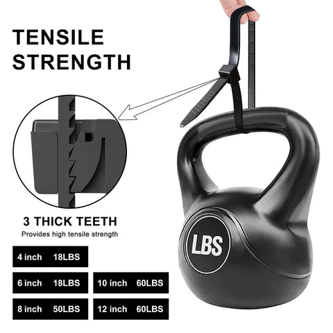 Assorted Black Zip Ties Kit With Five Sizes showing tensile strength and weight capacity on a kettlebell handle.