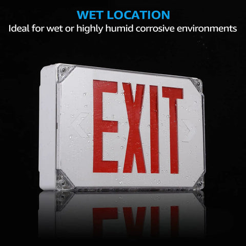 Red LED Exit Sign With Battery Backup For Wet Spots, UL Listed Outdoor Hardwired Emergency Lighting shown in wet location.