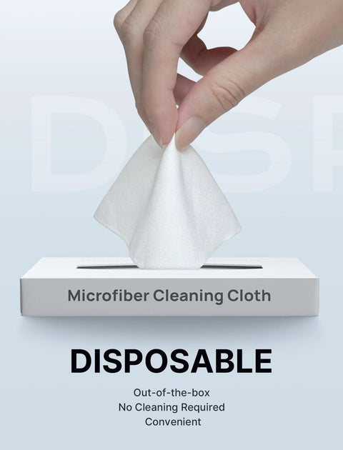 Microfiber Cleaning Cloth being pulled from a white box labeled Microfiber Cleaning Cloth with the word DISPOSABLE
