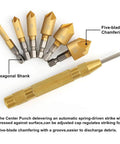 7 Piece Countersink Drill Bit Set With Quick Change Hex Shank For Wood Pro Grade High Speed Steel 5 Flute 90 Degree Center Punch One Quarter Inch To Three Quarter Inch Titanium Coated Bits For Clean Precise Countersinking.