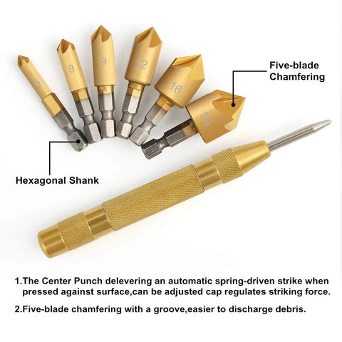 7 Piece Countersink Drill Bit Set With Quick Change Hex Shank For Wood Pro Grade High Speed Steel 5 Flute 90 Degree Center Punch One Quarter Inch To Three Quarter Inch Titanium Coated Bits For Clean Precise Countersinking.