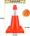18 Inch Traffic Safety Cones 12 Pack Orange PVC With Reflective Collars Built For Parking Lot Traffic Control Driveway And Construction Sites Tough As Nails Heavy Duty Stable 11 By 11 Inch Base with cone measurements displayed