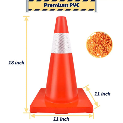 18 Inch Traffic Safety Cones 12 Pack Orange PVC With Reflective Collars Built For Parking Lot Traffic Control Driveway And Construction Sites Tough As Nails Heavy Duty Stable 11 By 11 Inch Base with cone measurements displayed