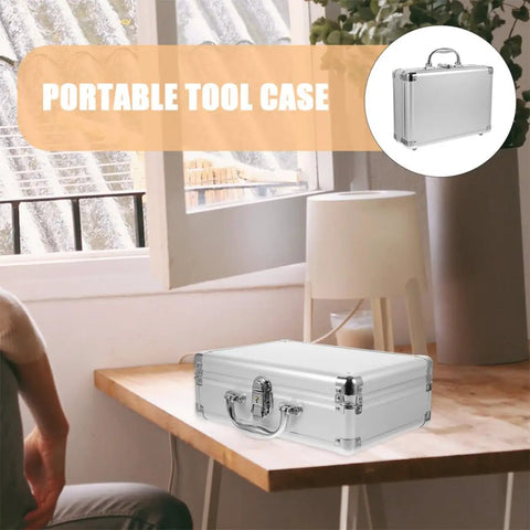 Tough As Nails Aluminum Storage Case With Secure Snap Latch And Plush Foam Padding For Guarding Cameras Cosmetic Kits And Power Tools On Weekend Getaways While Rolling Out on a wooden table.