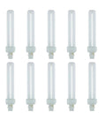 Pack of 10 Crisp Daylight 6500K 26W 1560 Lumens Double Quad CFL Tube Bulbs With 2 Pin G24d3 Base arranged vertically.