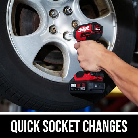 Power Core 20 Brushless 20V Three Eighths Inch Compact Impact Wrench Kit, hand using wrench on car tire lug nuts