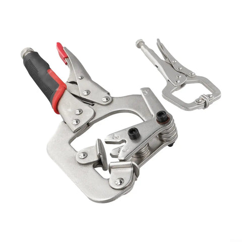 Solid Locking Clamp Set Featuring 10 Inch Welding Pipe Plier And 5 Inch Mini C-Clamp With Ergonomic Rubberized Handles for secure grip on pipes.