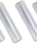 Hella Tough Industrial Grade Shrink Wrap Stretch Film 18 X 1000 Ft 70 Gauge Clear Cling Packaging For Moving Boxes And Pallets 4 Roll Bulk Bundle With 3 Inch Core in stacked position.