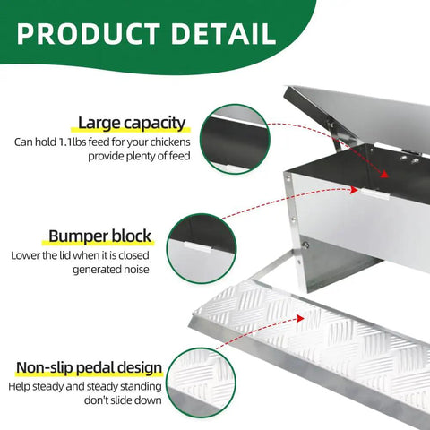 Automatic Treadle Chicken Feeder For Smart Backyard Flocks 11 Pound Capacity with bumper block and non-slip pedal design.