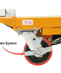 Rock Solid Double Scissor Hydraulic Lift Table Cart 770 Lb Capacity Adjustable Platform brake system detail with locking feature.