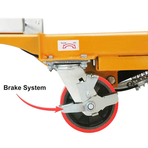 Rock Solid Double Scissor Hydraulic Lift Table Cart 770 Lb Capacity Adjustable Platform brake system detail with locking feature.