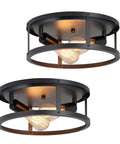 13 Inch Black Flush Mount Ceiling Light Fixture 2 Light 2 Pack Durable Matte Black Finish Sturdy Frame Modern Industrial Farmhouse Ceiling Lights For Kitchen Hallway Bedroom Versatile Living Areas Lighting, showing dual exposed bulbs in circular metal frame.
