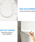 Premium Elongated Toilet Seat 18.5 Inch White With Silent Soft Close Hinge And Quick Release Design, featuring non-slip bumpers and easy lift design.