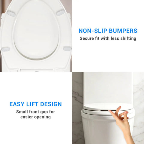 Premium Elongated Toilet Seat 18.5 Inch White With Silent Soft Close Hinge And Quick Release Design, featuring non-slip bumpers and easy lift design.