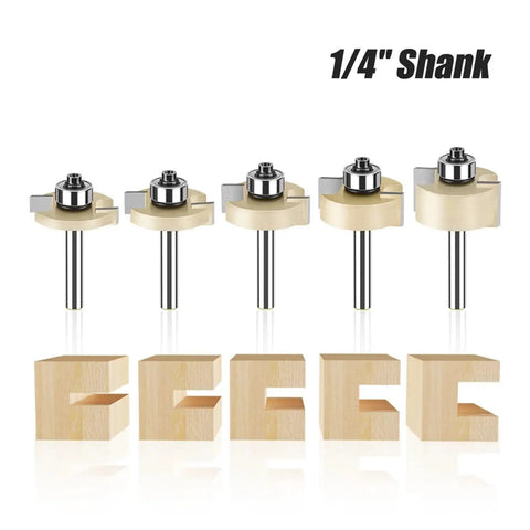 Must Have Heavy Duty Rabbeting Router Bit 1-1/4 In With Precision Bearing And 6mm Or 1/4 Inch Shank displayed with wood cutouts