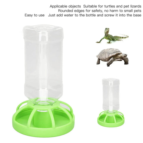 Slick Automatic Reptile Water Bowl And Tortoise Water Dish Featuring Rock Solid Plastic Build, includes a clear bottle and green base.