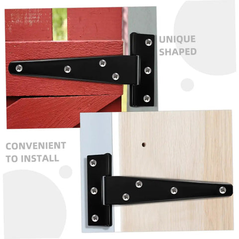 Heavy Duty Black Galvanized T Shape Weld On Hinges 5 Inch 8 Pack for cabinets and doors shown installed on wood