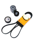 Heavy Duty Alternator Fan Belt Kit Generator Tensioner And Idler Pulley Combo Compatible With SAIC MG3, MG5, and Roewe 350 1.5L V8 Eng Autocar Car Motor Parts 5PK1520 Package Of Three shown with belt and pulleys