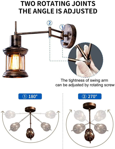 Farmhouse Dimmable Swing Arm Wall Light Two Pack Hardwire Or Plug In Rustic Vintage Sconce with adjustable angles