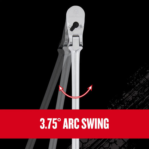 V Series Three Eighths Inch Drive Ratchet With Flexible Head XL 96 Tooth 180 Degree Articulating Head showing 3.75-degree arc swing