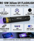 10W 365nm UV Flashlight Portable USB Rechargeable Black Light For Pet Urine Detection Resin Curing Bed Bugs Scorpions