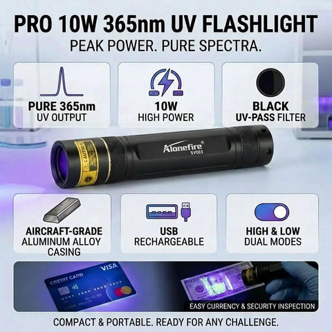 10W 365nm UV Flashlight Portable USB Rechargeable Black Light For Pet Urine Detection Resin Curing Bed Bugs Scorpions