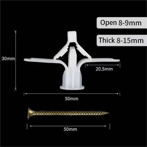 Self Drilling Anchor Screws Kit 100 Pcs Plasterboard Dowels Zinc Plated Drywall Anchors Set With Nylon Aircraft Plugs dimensions shown