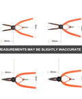 7-Inch Snap Ring Pliers Set, 4-Piece Heavy-Duty Circlip Pliers Kit, CR-V Steel, various jaw types and sizes, with dimensions shown.