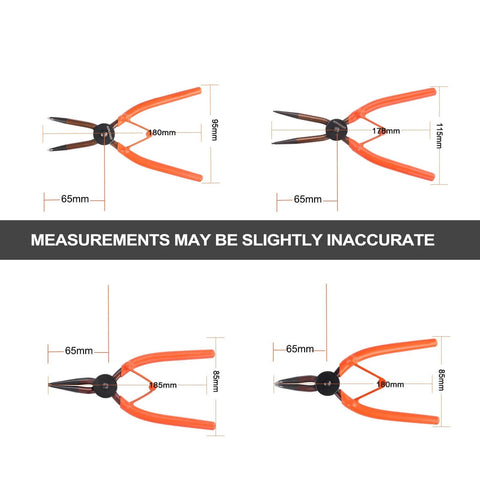 7-Inch Snap Ring Pliers Set, 4-Piece Heavy-Duty Circlip Pliers Kit, CR-V Steel, various jaw types and sizes, with dimensions shown.