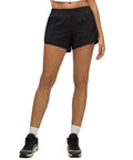 Women's Low Rise Running Shorts With Mesh Lined Built-In Liner, Quick Dry Workout Short With Zip Pocket, 4 Inch Inseam, Black, Front View