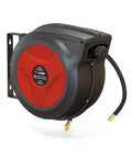 Retractable Air Hose Reel With Three Eighths Inch By Fifty Foot Pro Grade Hybrid Polymer Hose Up To 300 PSI Heavy Duty Polypropylene Construction For Professional Workshops And Garages mounted on wall.