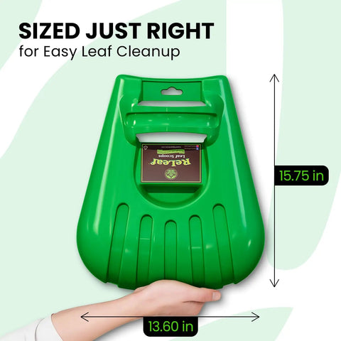 Big Leaf Scoops For Fast Leaf Cleanup Ergonomic Handheld Rakes With Oversize Claws For Lawn Debris Works Wet Or Dry Protective Guard Against Nettles And Bushes Lifetime Quality Guarantee 1 Pair. Image of one green scoop showing measurements.