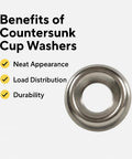 Close-up of stainless steel countersunk cup washer, size #8, 304 SS finish.