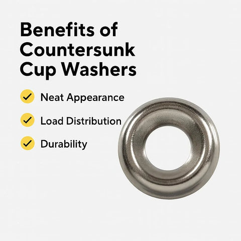 Close-up of stainless steel countersunk cup washer, size #8, 304 SS finish.