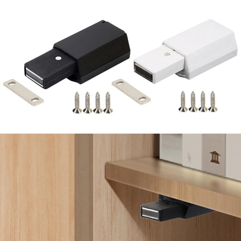 Push To Open Cabinet Catch With 25 Lbs Magnetic Hold, Spring Loaded Door Latch, black and white units with screws on cabinet