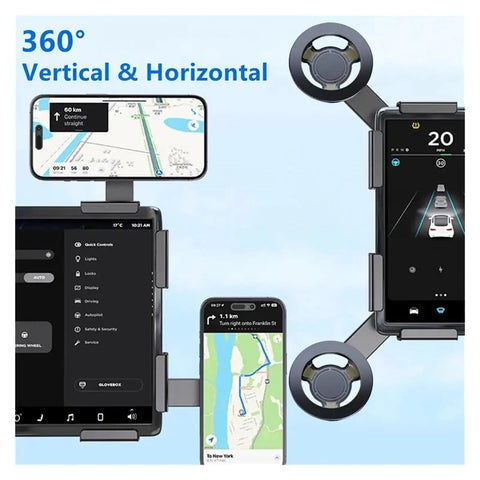 Slick Ride Ready 15W Magnetic Wireless Charger Car Phone Vent Clip Holder fits Tesla Model Y showing 360° mount with devices.