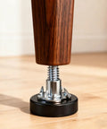 Close-up of Adjustable One Quarter Inch Thread Leveling Feet with T Nuts, installed on wooden furniture leg, showing the one-inch base.