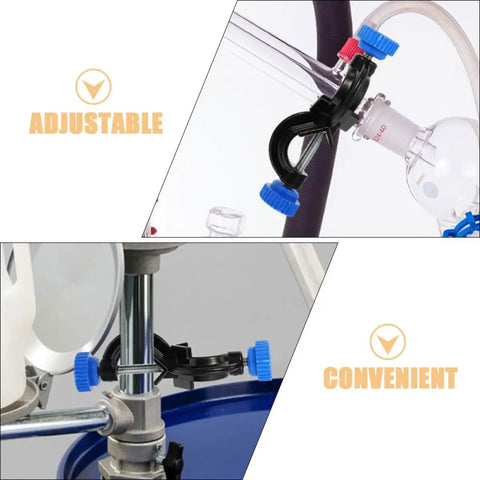Three Pack Black Aluminum Cross Clamps With Dual Screw Boss Head Adjustable Lab Stand Holder Rock Solid Grip Built Tough And Zero Hassle For Quick Setup Anywhere In Your Lab Or Workshop Space. Adjustable and convenient clamp design with blue knobs.
