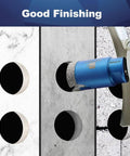 Blue 4.5-inch vacuum-brazed diamond core drill bit with 5/8-11 thread installed on drill cutting porcelain tile