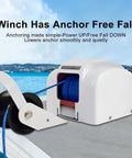 Heavy Duty Electric Boat Anchor Winch Kit With Stainless Steel Build And 31m Rope For Saltwater Use showing winch with blue rope.
