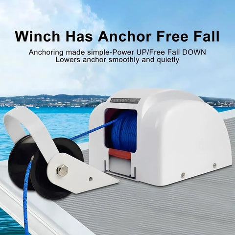Heavy Duty Electric Boat Anchor Winch Kit With Stainless Steel Build And 31m Rope For Saltwater Use showing winch with blue rope.