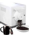 Kick Up Your Home Brewing Game With This Heavy Duty Electric Coffee Bean Roaster Featuring Adjustable Temperature And Timer Settings For Consistently Next Level Flavor, white roaster dispensing coffee beans into a plate.