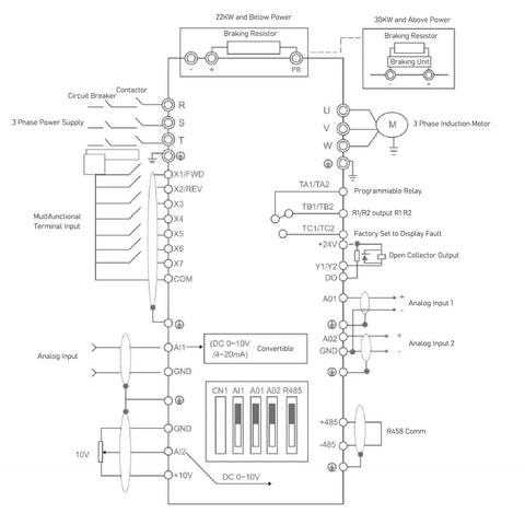 Power Up Your Shop With This 18.5KW to 22KW 3 Phase VFD Speed Controller for Electric Motors Digital Display Efficient Cooling Low Noise 38.5A to 46.5A Input Industrial Motor Control Upgrade wiring diagram with motor, relay, and analog inputs