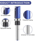 Heavy Duty Pattern Flush Trim Router Bit Set Featuring 1/4 Inch Shank And Bottom Bearing Kit For Laminate Veneer Edging Uses Solid Carbide blade and high-grade bearing.