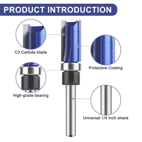 Heavy Duty Pattern Flush Trim Router Bit Set Featuring 1/4 Inch Shank And Bottom Bearing Kit For Laminate Veneer Edging Uses Solid Carbide blade and high-grade bearing.