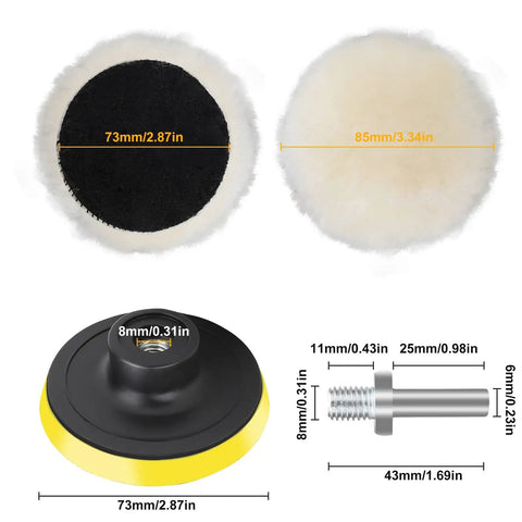 Measurements of 7 Piece 3 Inch Wool Polishing Pads Kit With Hook And Loop Backing Pad And M10 Drill Adapter For Car Buffing