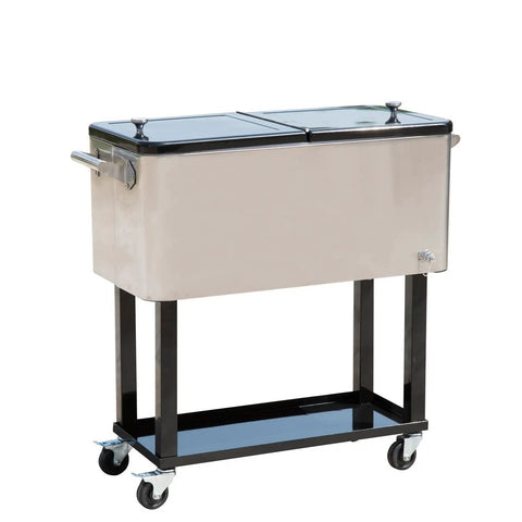 Massive 80 Quart Stainless Steel Patio Cooler Rolling Party Cart For Outdoor Entertaining Holds Up To 100 Cans Or 50 Bottles With Removable Dual Hinged Lid