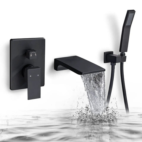 Roman Tub Filler Faucet With Waterfall Spout, Wall Mounted Single Handle Bathtub Shower Kit With Hand Shower